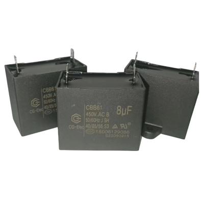 China CBB61 450V 8.0UF Ac Fan Run Capacitor B-Class Protected 10000AFC Two Quick Connect Terminals for sale