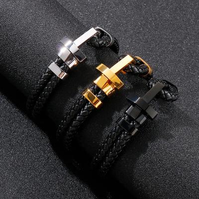 China High Quality KALEN Stainless Steel Punk Jewelry Personality Black Double Chains Leather Braided Bracelets & Bangles For Men for sale