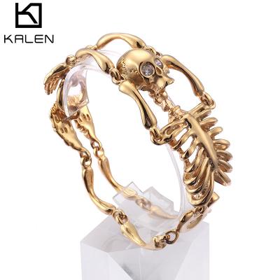 China KALEN Trendy Punk Skeleton Stainless Steel Zircon Charm Gold Bracelet Men for sale