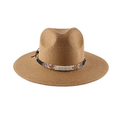 China Amazon fashion rice striped pearl flat along jazz top hat for women spring and summer new beach sun protection straw hat for sale