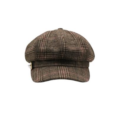 China New Fashion Plaid Tweed Baker Boy Hat Girls Wool Felt Beret Hat Casual Black Checked Octagonal Hat for sale