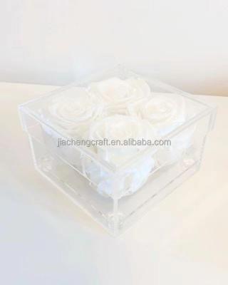 China Jiacheng Wedding Square Acrylic Flower Box Luxury Clear Rose Acrylic Gift Display Stand Jewelry Rectangle With Drawer for sale