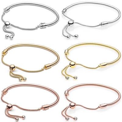 China CLASSIC Original Real Time Sliding Bracelet Charm Jewelry ROSE GOLD 925 Sterling Silver European Gift Adjustable Snake Chain for sale