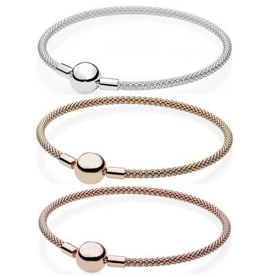 China Classic Gold and Silver Buckle Mesh Bracelet 925 Sterling Silver Bracelet Snake Chain Ball Fashion Rose Charm Bead DIY Pendant Jewelry for sale