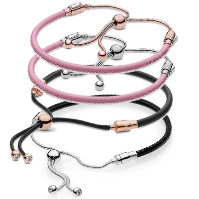 China Classic Fashion 925 Adjustable Sliding Bangle Women's Adjustable Sliding Buckle Women's DIY Buckle Sterling Silver Pink Black Leather DIY Jewelry for sale