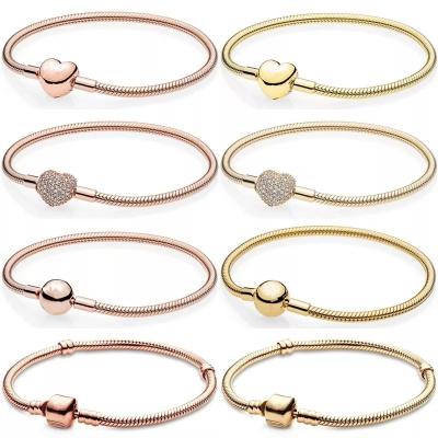 China Fashion 925 Sterling Silver Rose Gold Classic Moments Inlaid Ball Buckle Snake Chain Bracelet Gold Women's DIY Bracelet Heart Shaped Jewelry for sale