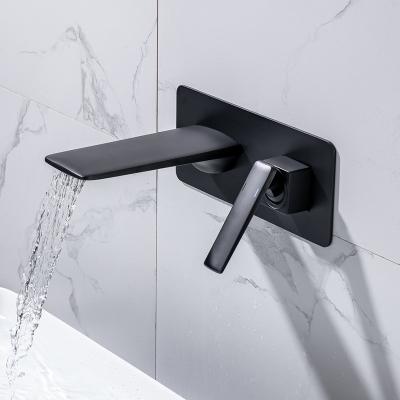 China Metered Hot Cold Matt Black Wall Mounted Waterfall Mixer Basin Faucet Bathroom Basin Faucets for sale