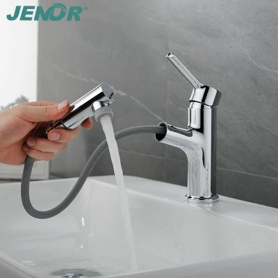 China New Metered Faucets Desgin Chrome Basin Faucets Deck Mounted Bathroom Single Copper Handle Flexible Spout To Pull Out Basin Faucet for sale