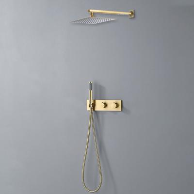 China With Slide Bar Bathroom Shower System Double Head Set Wall Mounted Gold Thermostatic Mixer Valve Bath Shower Set for sale