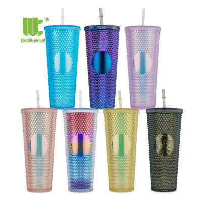 China 710ml 24oz Cup Tumbler Custom Duochrome Studded Viable Plastic Studded Cold Tumbler Mug for sale