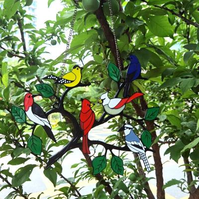 China Beautiful Guardian Garden Statue Hanging Birds on a Multicolored Wire Stained Glass Window Hanging Birds Bird Ornaments Hanging Home Decoration for sale