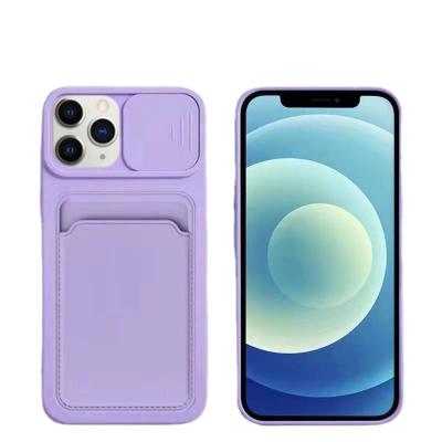 China Luxury Macaron Color TPU Push Slide Lens Camera Credlit ID Car Slots Liquid Back Cover For iPhone 12 11 Mini Pro Max X/XS XR Phone Case for sale