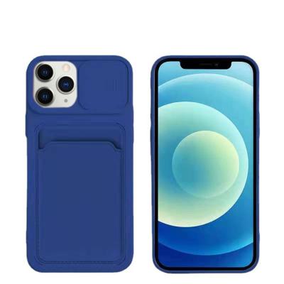 China New Shockproof Soft Matte TPU Slide Window Camera Protect Liquid Silicone Card Holder Phone Case For iPhone 12 11 Mini Pro Max for sale