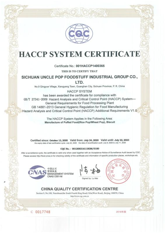 HACCP - Sichuan Uncle Pop Foodstuff Industrial Group Co., Ltd.