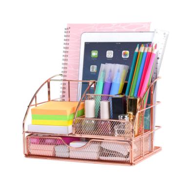 China Cute Trendy Rose Gold Metal Desk Organizer with Drawer for Home and Office Desk Organization for sale