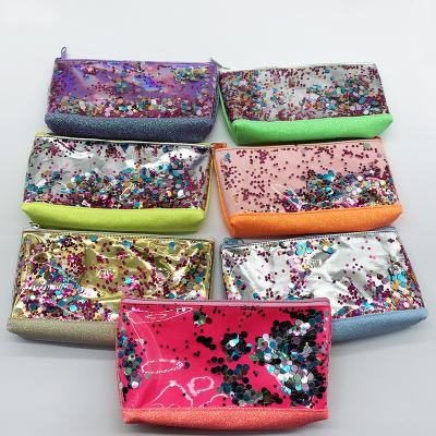 China Fashion\Comfortable\Durable High Quality PVC Sequin Pen Bag Glitter Plastic Makeup Pouch With Confetti for sale