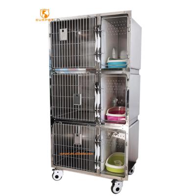 China Easy Operation EURPET 304 Stainless Steel Cat High Quality Veterinary Oxygen Cages 3 Layers Pet Breeding Cat Cages Veterinary for sale