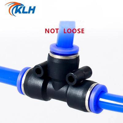 China Garment Shops KPE Series Pneumatic Push To Connect Union Tee Type 3 Way Equal Joint Plastic Air Duct Pipe T Joint Quick Fitting Connector for sale