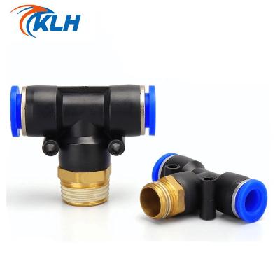 China Garment Shops PB Series Pneumatic One Touch T Type Fitting Air Hoses Tube Three Way Joint Male Branch Tee Plastic Quick Fitting Connector for sale