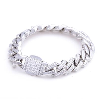 China Environmental Friendly Jewelry Hip Hop Diamond Iced Out Zircon Diamond Stainless Steel Cuban Link Chain Bracelet Full Iced Out Bracelets For Women for sale