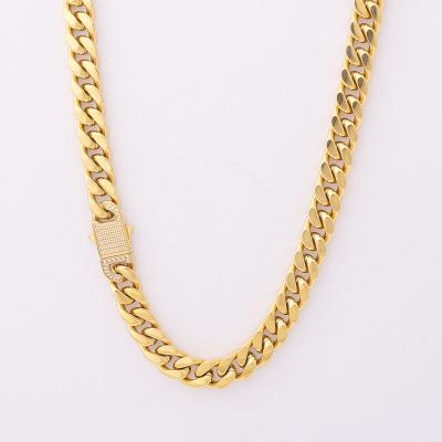 China Hiphop 18K Gold Plated Stainless Steel Necklace With Zircon Mens 10mm Cuban Chain for sale