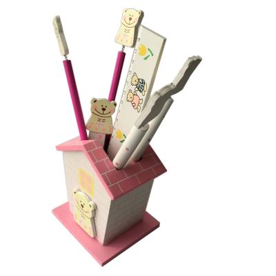 China custom size wooden school supplies kids pen holder stationery set customized for sale