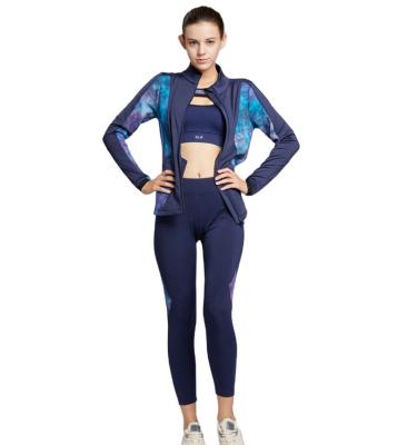 China Breathable factory wholesales 3 pieces tie dye yoga set long sleeve shirt and yoga bra and legging for women for sale