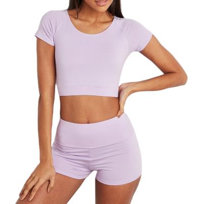 China Factory Wholesale Custom Solid Shorts Breathable Sleeves Crop Top And Active Short Set For Women for sale