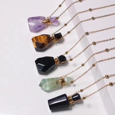 China Pink Crystal Essential Oil Diffuser Pendant Necklaces Fashion Women Small Perfume Bottle Necklace Jewelry Natural Lazulite Quartz Pendant for sale