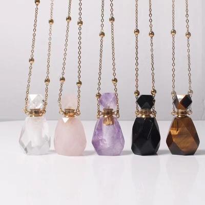 China Pink Crystal Essential Oil Diffuser Pendant Necklaces Fashion Women Small Perfume Bottle Necklace Jewelry Natural Lazulite Quartz Pendant for sale