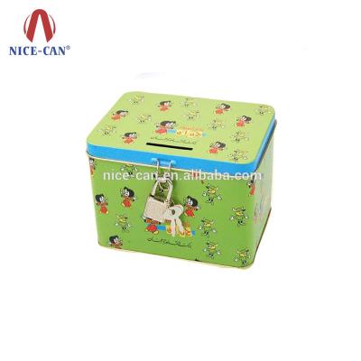 China Coin Bank Can Animated Aluminum Tinplate Piggy Bank Metal Packing Saving Money Box Custom Kids Rectangular Lockable Tin Coin Bank Can for sale