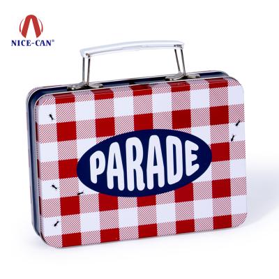 China Wholesale Luxury Recyclable Custom Printed Empty Lunch Box Metal Tin Box With Handle Food Grade Tinplate Can for sale