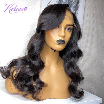 China High Quality Superb Double Drawn Lava Wave Front Human Hair Wig, 36 Inch Machine Made Hair Wig, Transparent Swiss Lace Front Body Wig for sale