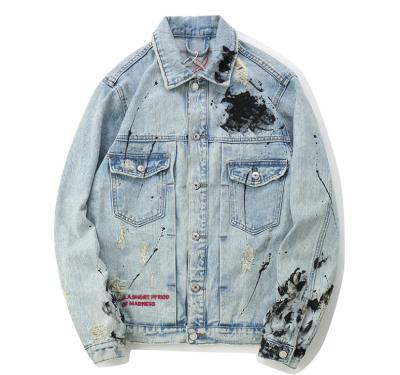 China RTS viable product in winter 100% cotton denim stock jacket with big back printing jacket vintage blue washed casual long sleeve coat for sale