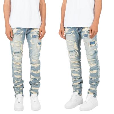 China OEM Sale Men's Fashion Stretch Slim Tapered Zipper Jeans Color Wash Denim Hot Skinny Blue Vintage Slim Fit Pants With Heavy Rips for sale