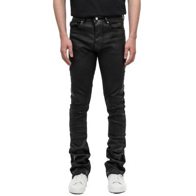 China New Low MOQ Classic Anti-Wrinkle Stretch Flare Jeans Black Waxed Coated Denim For Men for sale