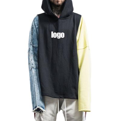 China Wholesale new fashionable men's European large size sweatshirt hip-hop breathable denim patchwork hoodie for sale