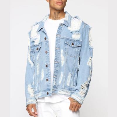 China Viable Best Selling Light Blue Wash Ripped Distressed Custom Retail Mens Denim Jackets In Bulk for sale