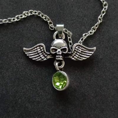 China New Lady Skull Necklace Green Wings Skull Necklace Personality Punk Unique Crystal Pendant for sale