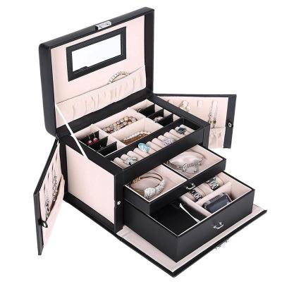 China Wholesale Black PU+ Velvet Premium Two Doors Leather Jewelry Box Organizer With Small Take Out Jewelry Gift Box For Wife for sale