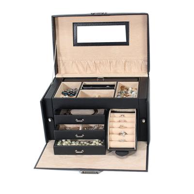 China Black Wholesale Travel Case Puller Large Necklace Storage Ring Jewelry Organizer Storage Leather Jewelry Box for sale