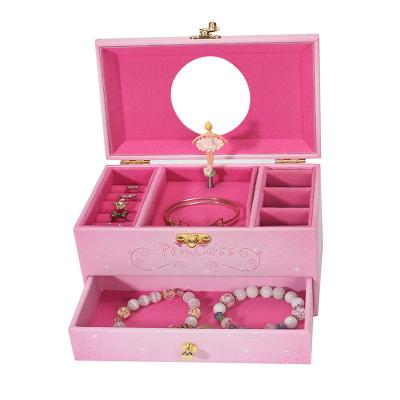 China New Design Leather Logo Velvet Pink Princess Gift Custom Made For Little Kids Ballerina Music Shooter Cartoon Jewelry Box for sale