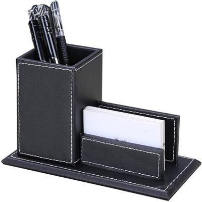 China Office Storage Custom Black Brown PU Desk Organizer With Business Card Leather Wood Pen Holder for sale