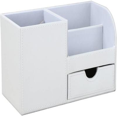 China Office Storage Custom Black PU Leather Desk Organizer With Small Drawer Pen Holder for sale