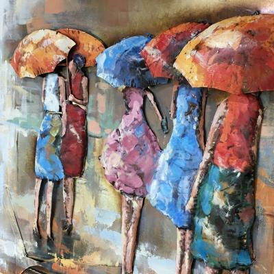 China 100% Handmade Rainy Day People Hold Umbrellas Red Metal Wall Deco Landscape Oil Painting for sale