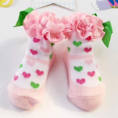 China Lovely Heart Color Breathable Cute Pink Ruffle Lace Sock Winter Ins Infant Baby Socks for sale