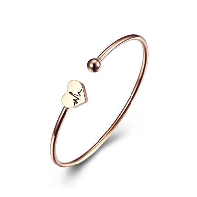 China Custom EKG Cuff Women 18k Gold Plated Stainless Steel Adjustable Cuff Bracelet Metal Jewelry Engraved Heart Open Bangle for sale