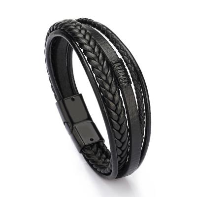 China Trendy Genuine Leather Multilayer Braided Bracelets Men Stainless Steel Rope Cuff Bracelets For Men Women Bangles Jewelry for sale