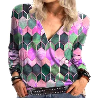 China High Quality Hot Slim Geometric Pattern Zipper V-Neck Print Adjustment Anti-pilling Fit Anti-pilling Long Sleeve T-Shirt for sale