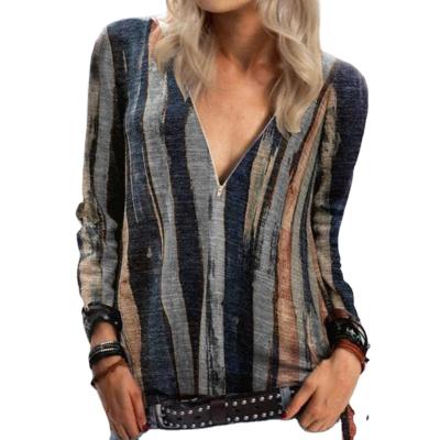 China Anti-pilling hot style new stain dyeing tying V-neck long-sleeved zipper striped printing top long-sleeved T-shirt for sale